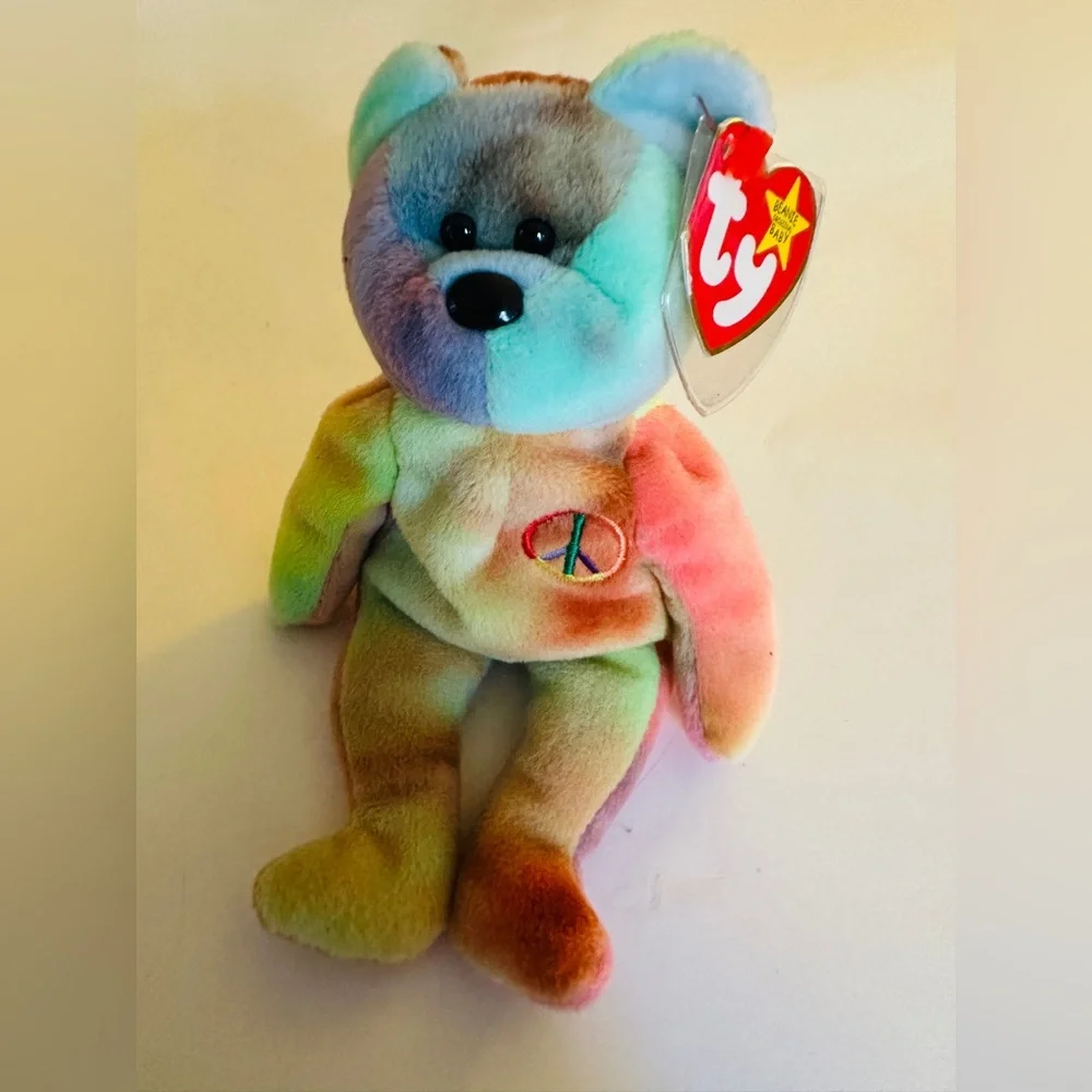 Ty Peace Bear Beanie Baby PVC Pellets Tag Errors No UK, Comma Rare Tie Dye